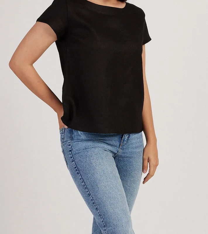 Black Linen Boat-Neck Top