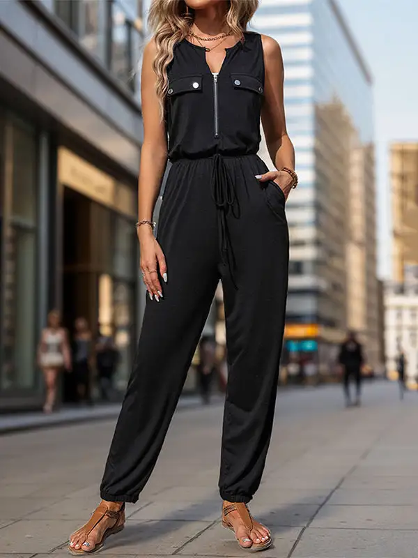 Mouwloze Jumpsuits Met V Hals Effen Kleur En