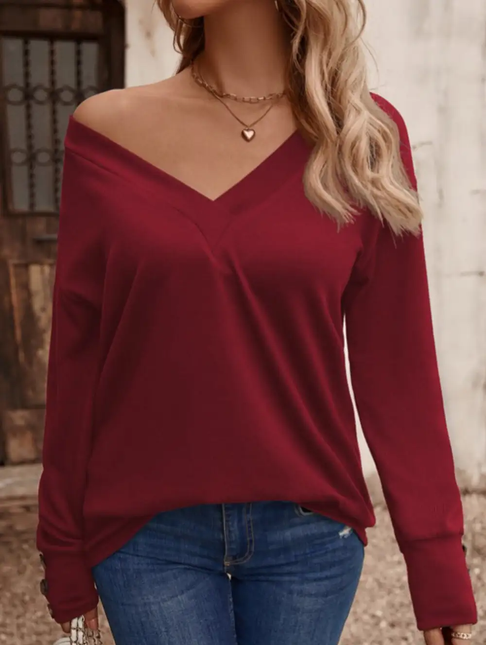 V Neck Button Loose Long Sleeve Tee