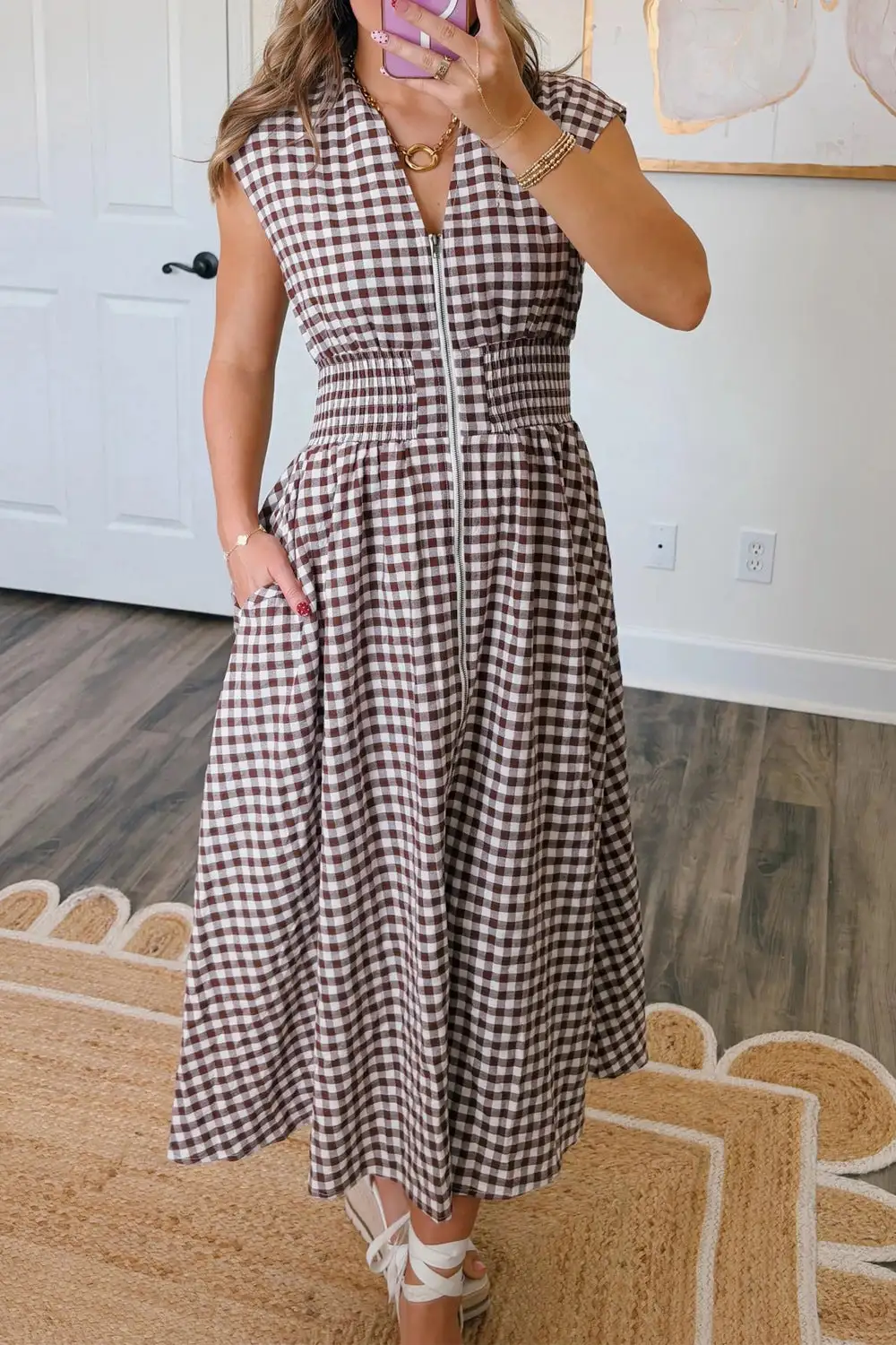 Gingham Zip-Front Midi Dress