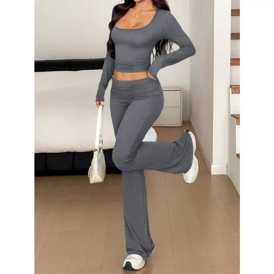 Long Sleeve Crop Top and Bootcut Pants Set