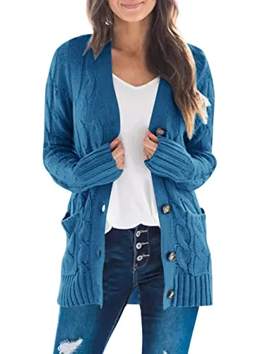 Women's Long Sleeve Cable Knit Sweater Open Front Cardigan Button Loose Outerwear