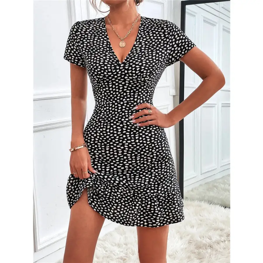 Ruffled Hem V-Neck Short Sleeve Mini Dress