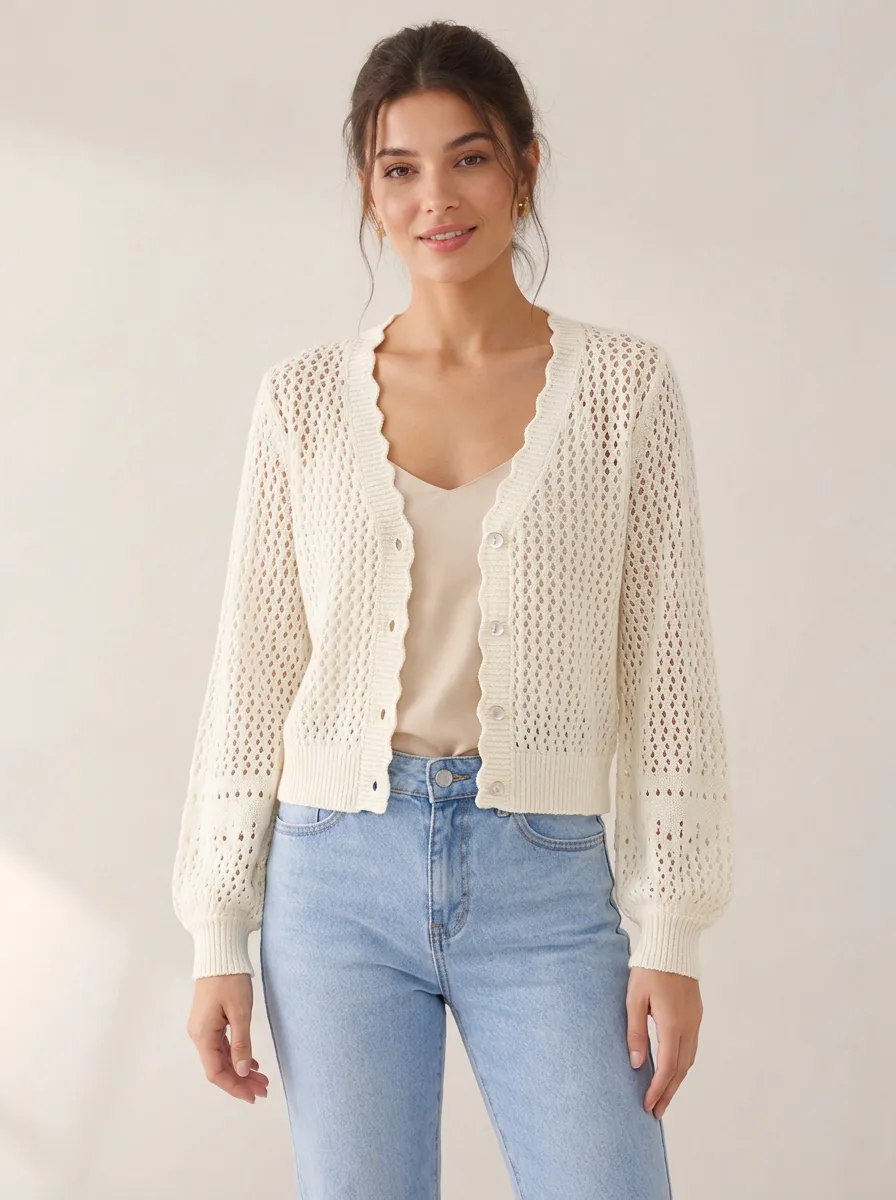 Women's Casual Cream Scalloped Edge Crochet Knit Cardigan Top