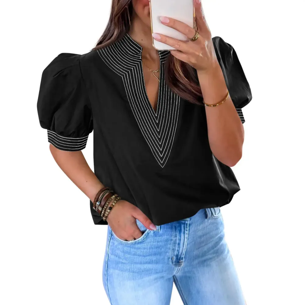 Womens Puff Short Sleeve Blouses Summer Casual Dressy Contrast Stitch