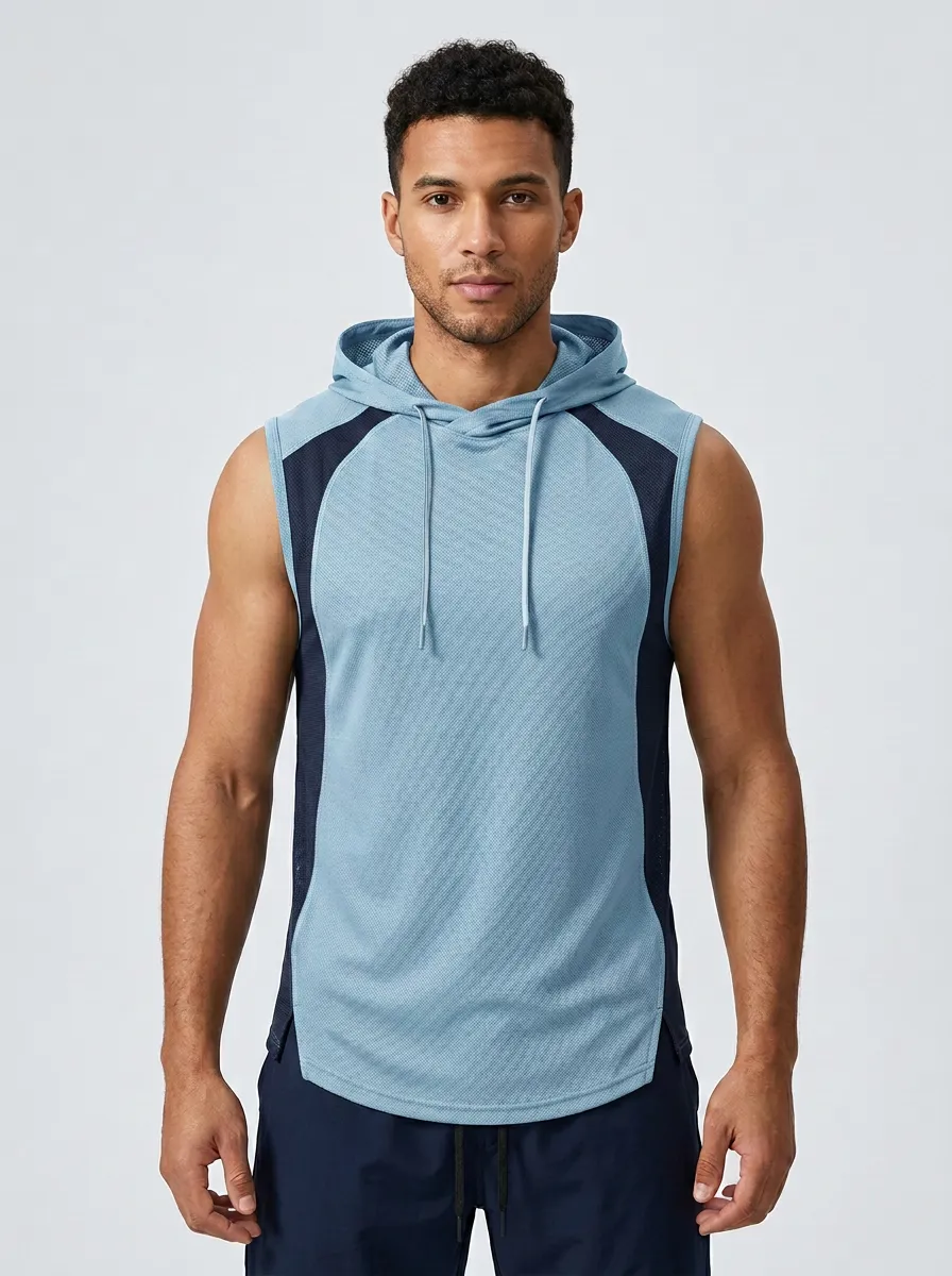 Men's Fitness Gym Workout Mesh Hooded Sleeveless Tank Top