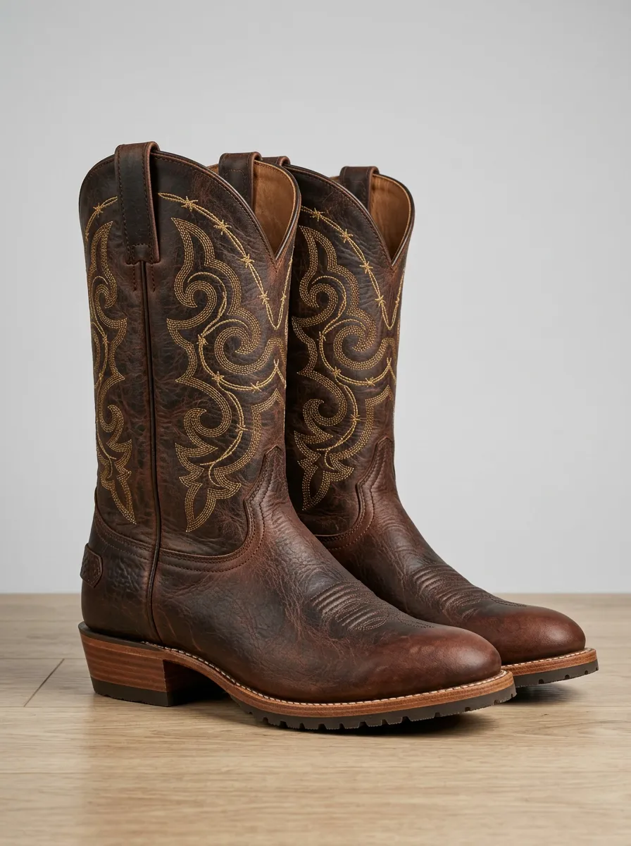 Men's Western Tonal-Embroidery Almond-Toe Mid-Calf Pull-Tab Stacked-Heel Cowboy Boots