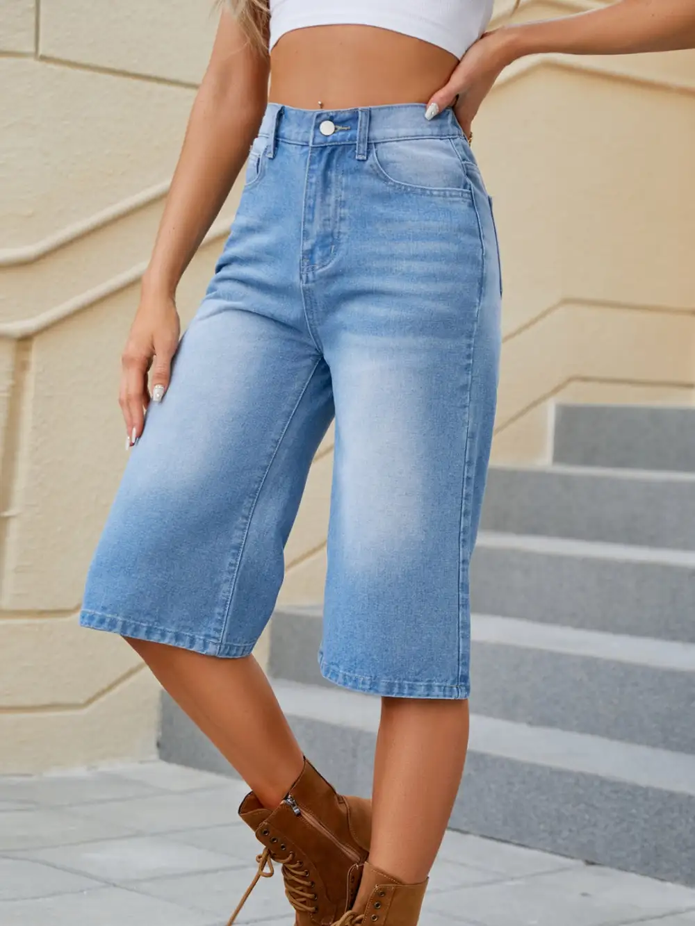 Relaxed High Waist Denim Shorts with Pockets
