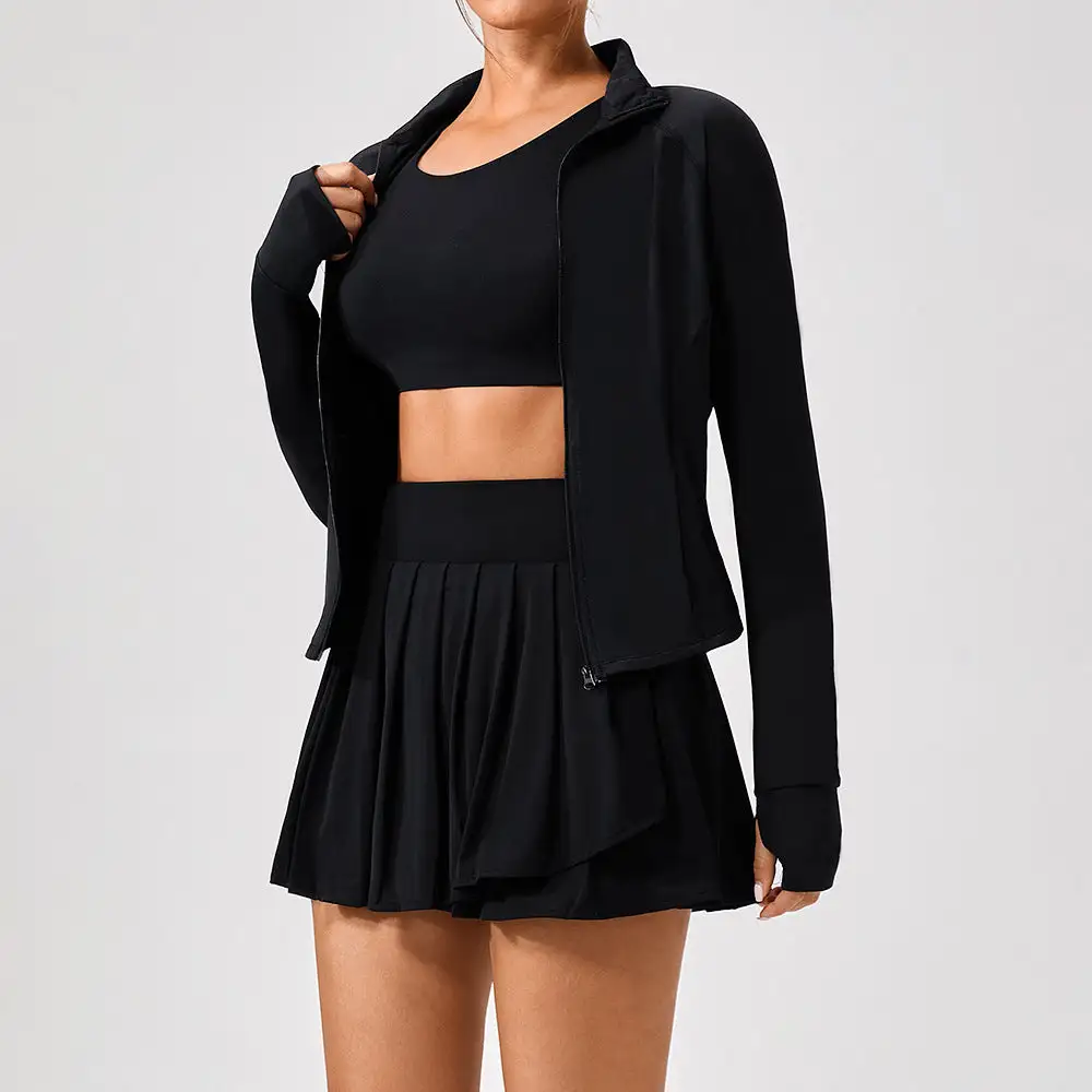 Backless Sleeveless Jacket, Bra and Skort Active Set