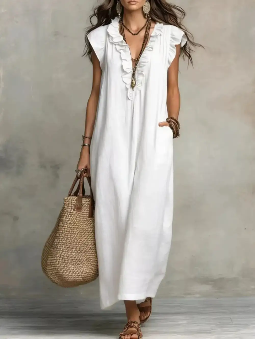 V-Neck Pocketed Maxi Dress
