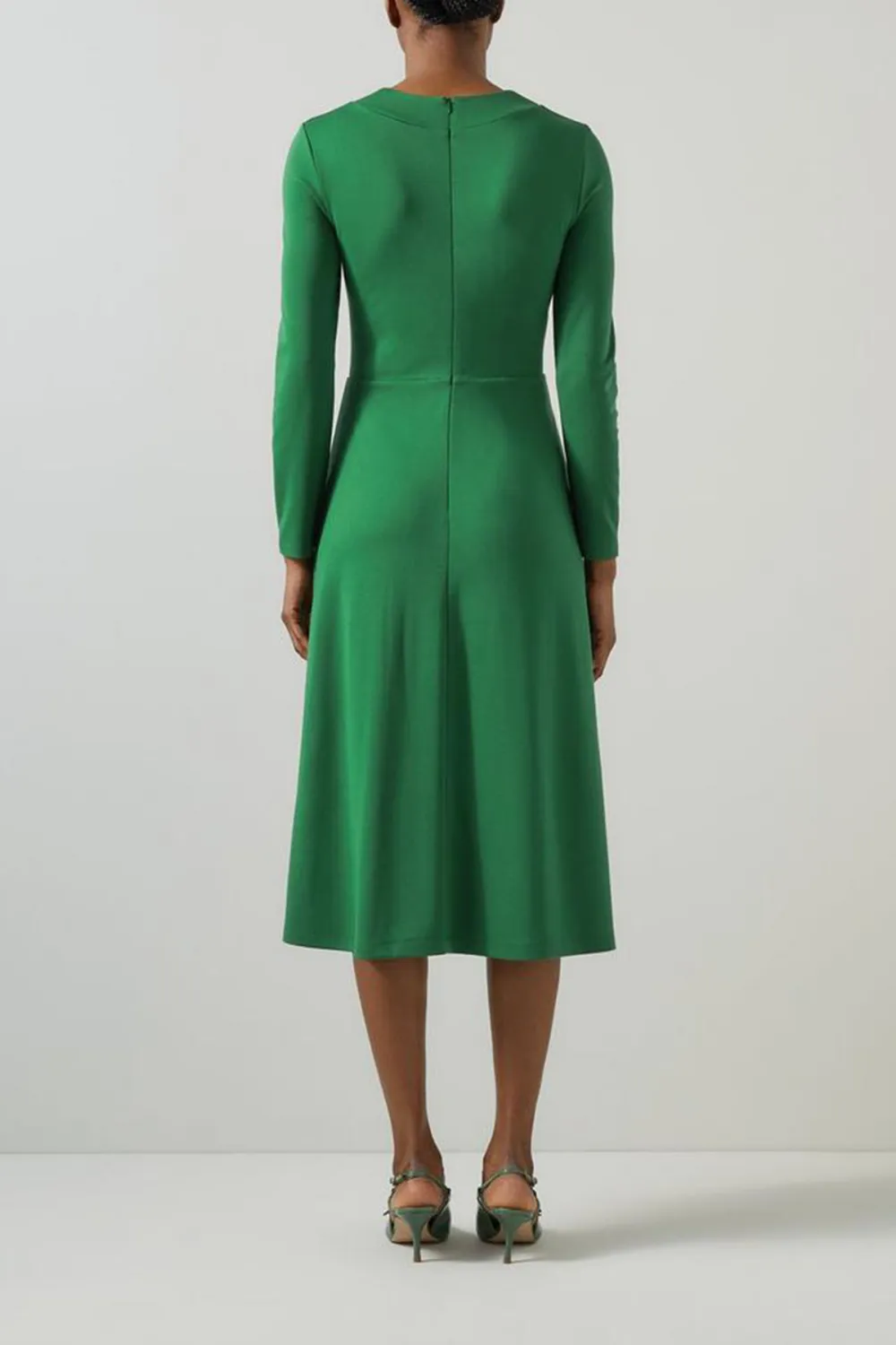 Green Ruched Front Long Sleeve Midi Dress
