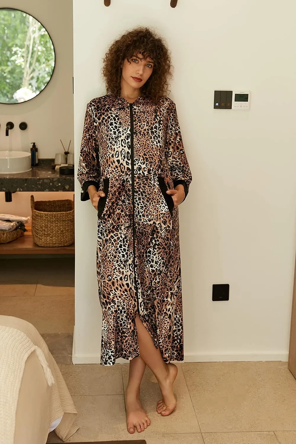 50% OFF Women Zipper Robe 3/4 Sleeves Loungewear Dress Full Length Sleepwear Pockets Housecoat Nightgown Long Bathrobe
