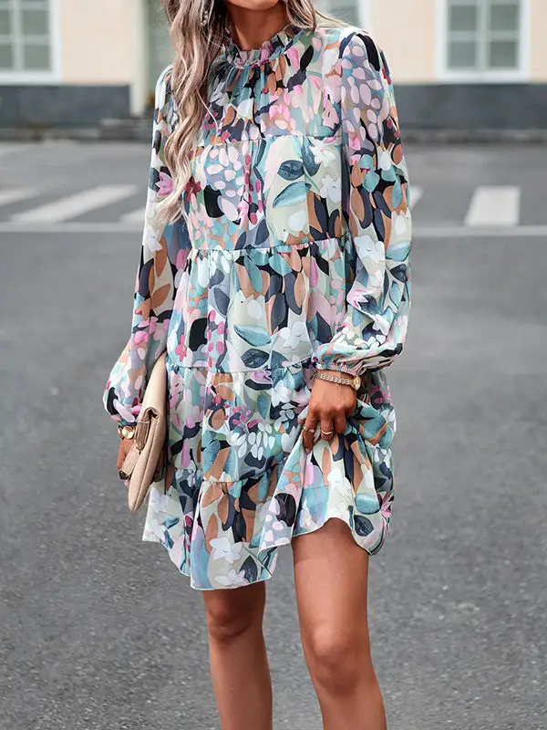 A Line High Waisted Printed Split Joint Tied Mock Neck Mini