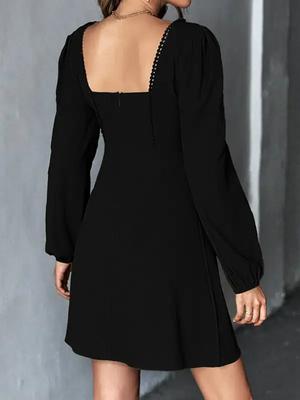 A Line High Waisted Solid Color Split Joint Square Neck Mini