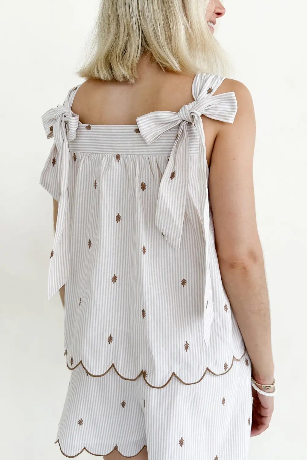 Striped Embroidered Scallop Trim Top