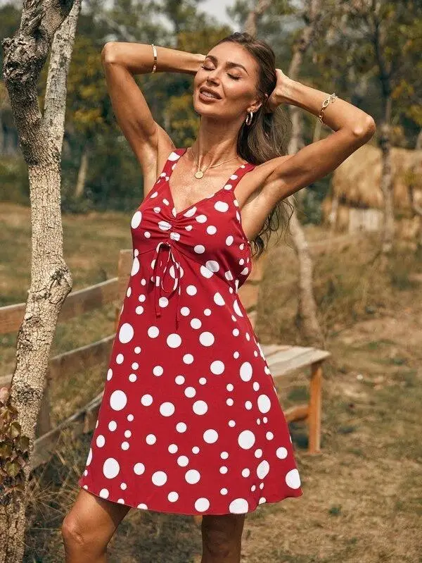 Women Polka Dot Ruched Knot Cami Dress