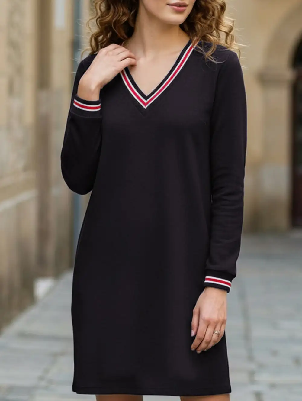 Ribbed V-Neck Contrast Dress