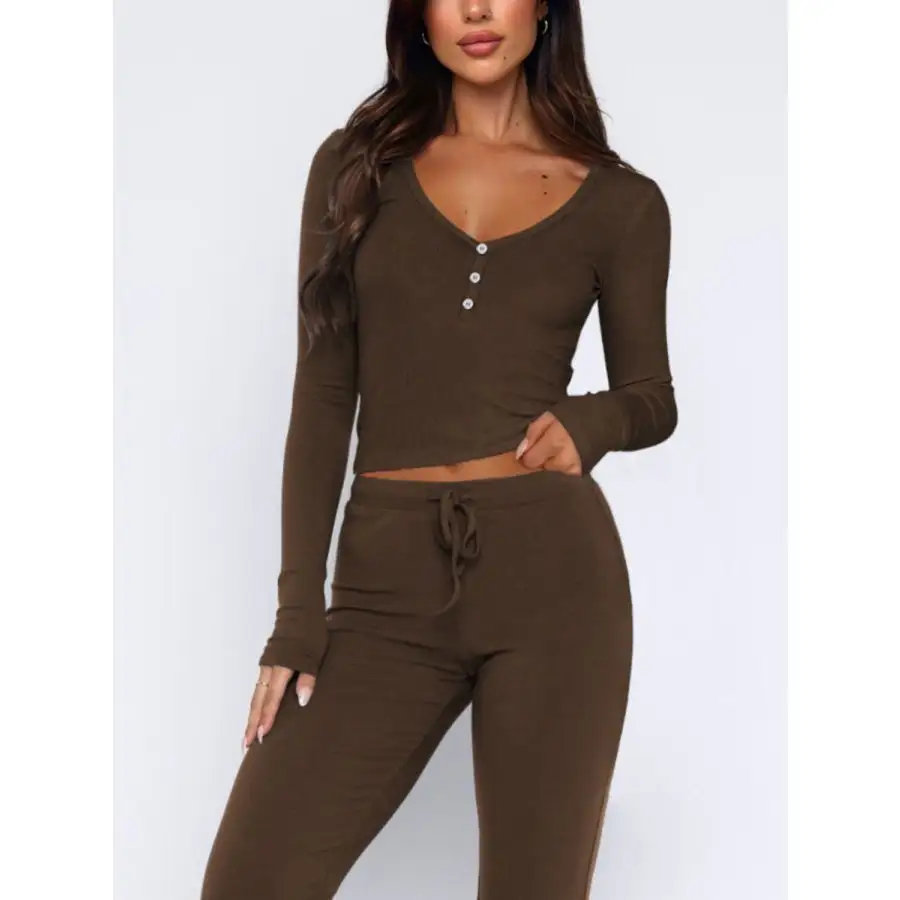 V Neck Long Sleeve Top and Pants Set