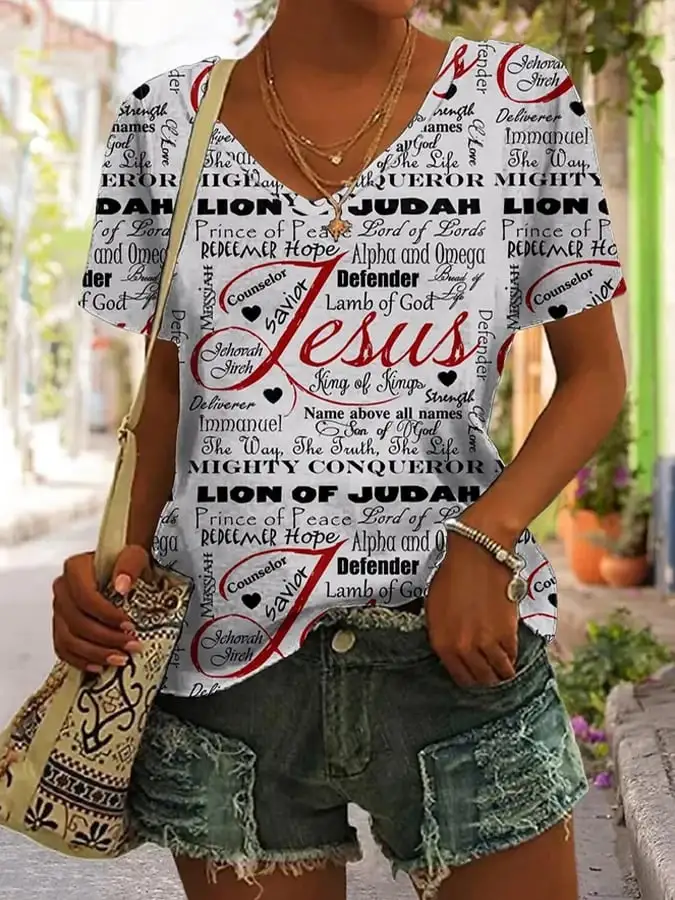 Women's Faith Name of Jesus Print V-Neck T-Shirt