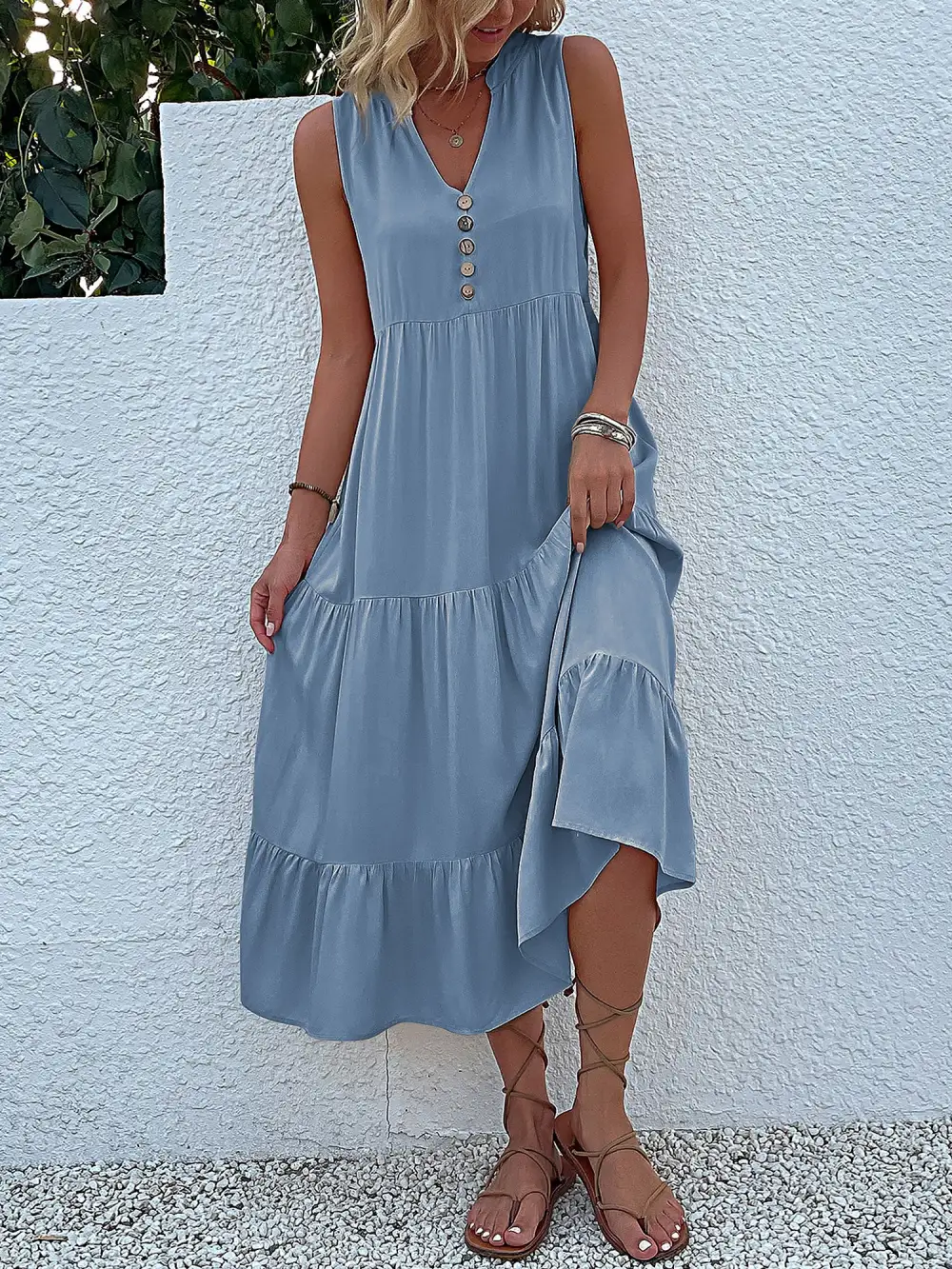 Notch-Neck Buttoned Sleeveless Tiered Midi Dress