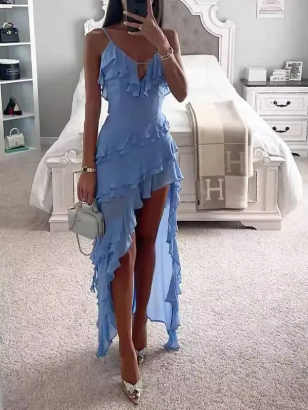Irregular Ruffle Suspender Midi Dress