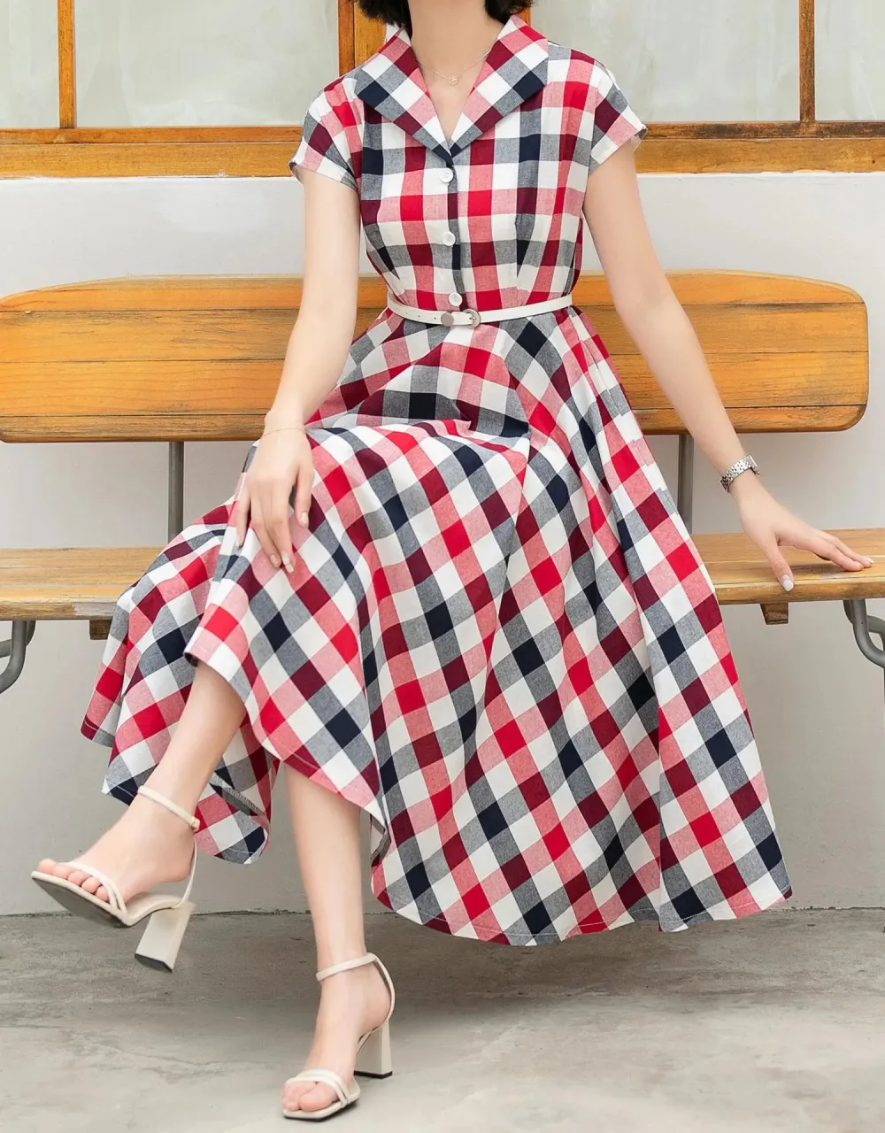 Plaid Linen Cotton Fit And Flare A Line V Neck Midi Dress