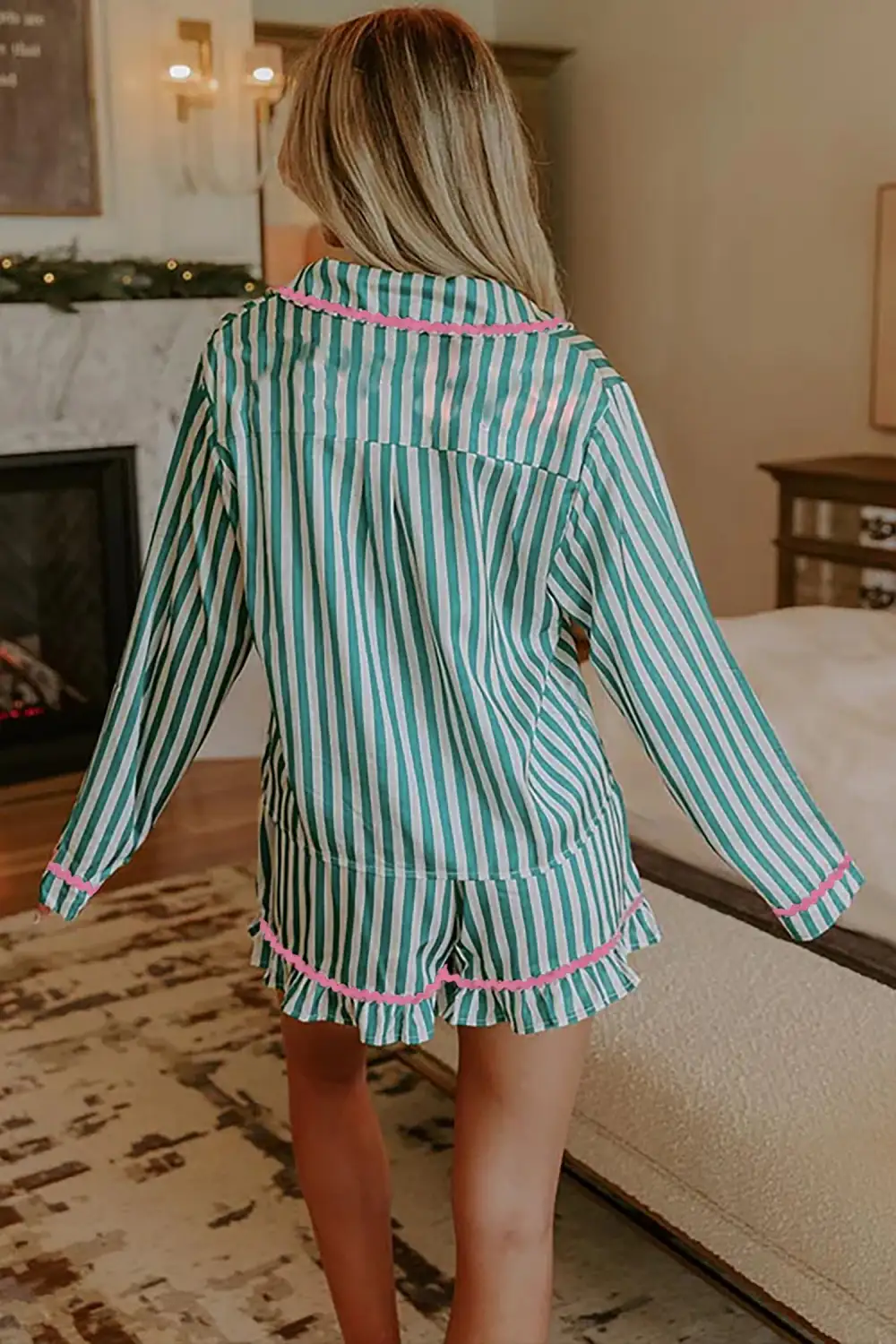 Striped Trim Ricrac Trim Short Pajama Set