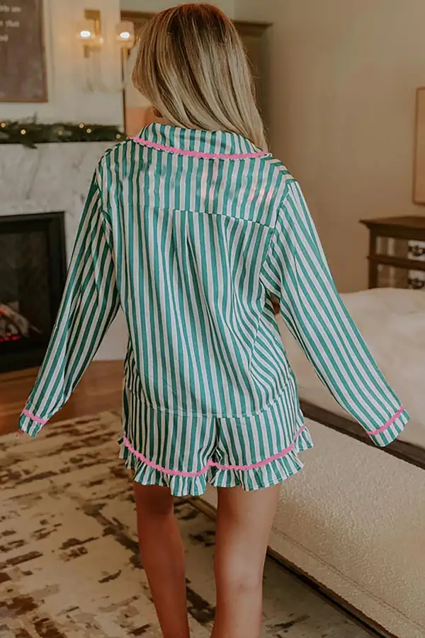 Striped Trim Ricrac Trim Short Pajama Set