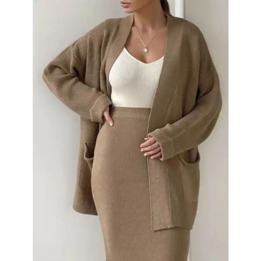 Pocketed Long Sleeve Cardigan and Skirt Sweater Set