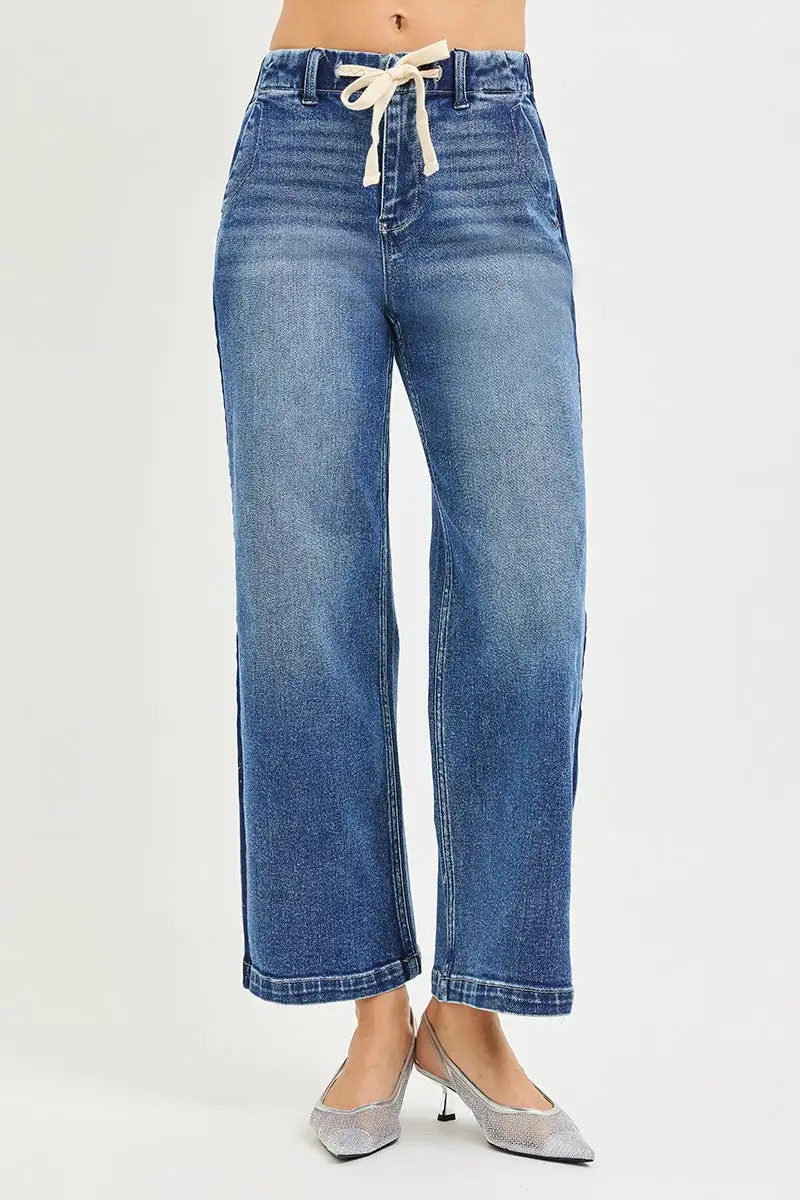 High Rise Drawstring Elastic Waist Wide Leg Jeans