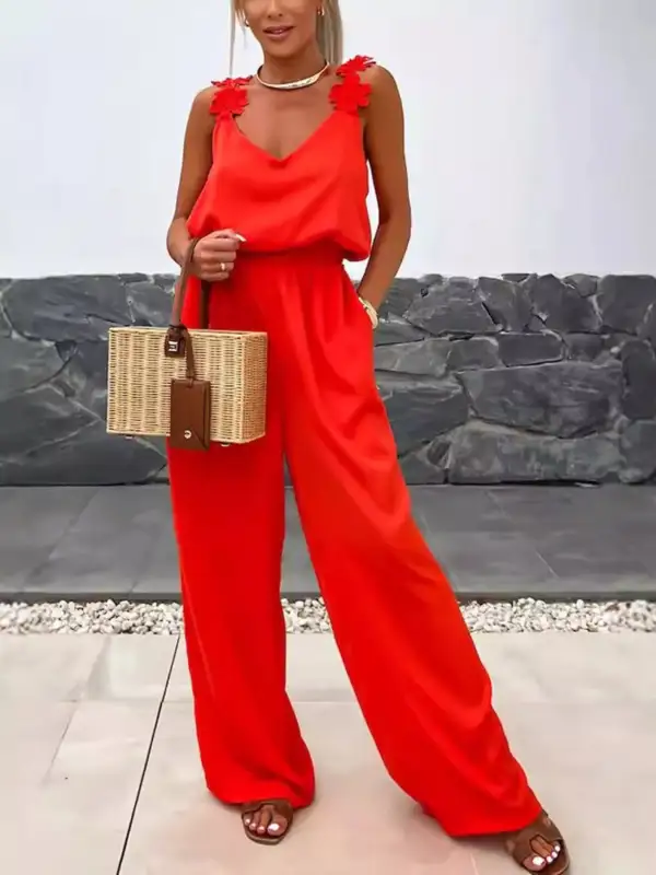 Floral Applique V Neck Wide Leg Jumpsuit