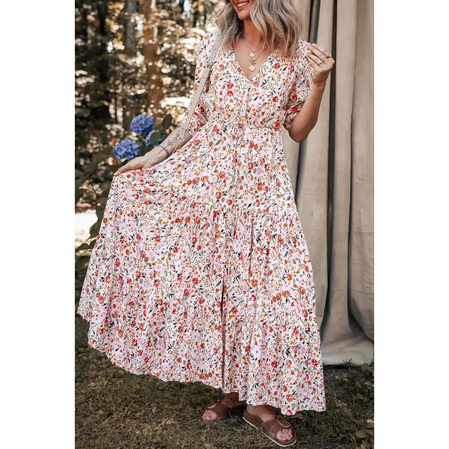 Boho Half Sleeve Floral V Neck Maxi Dress