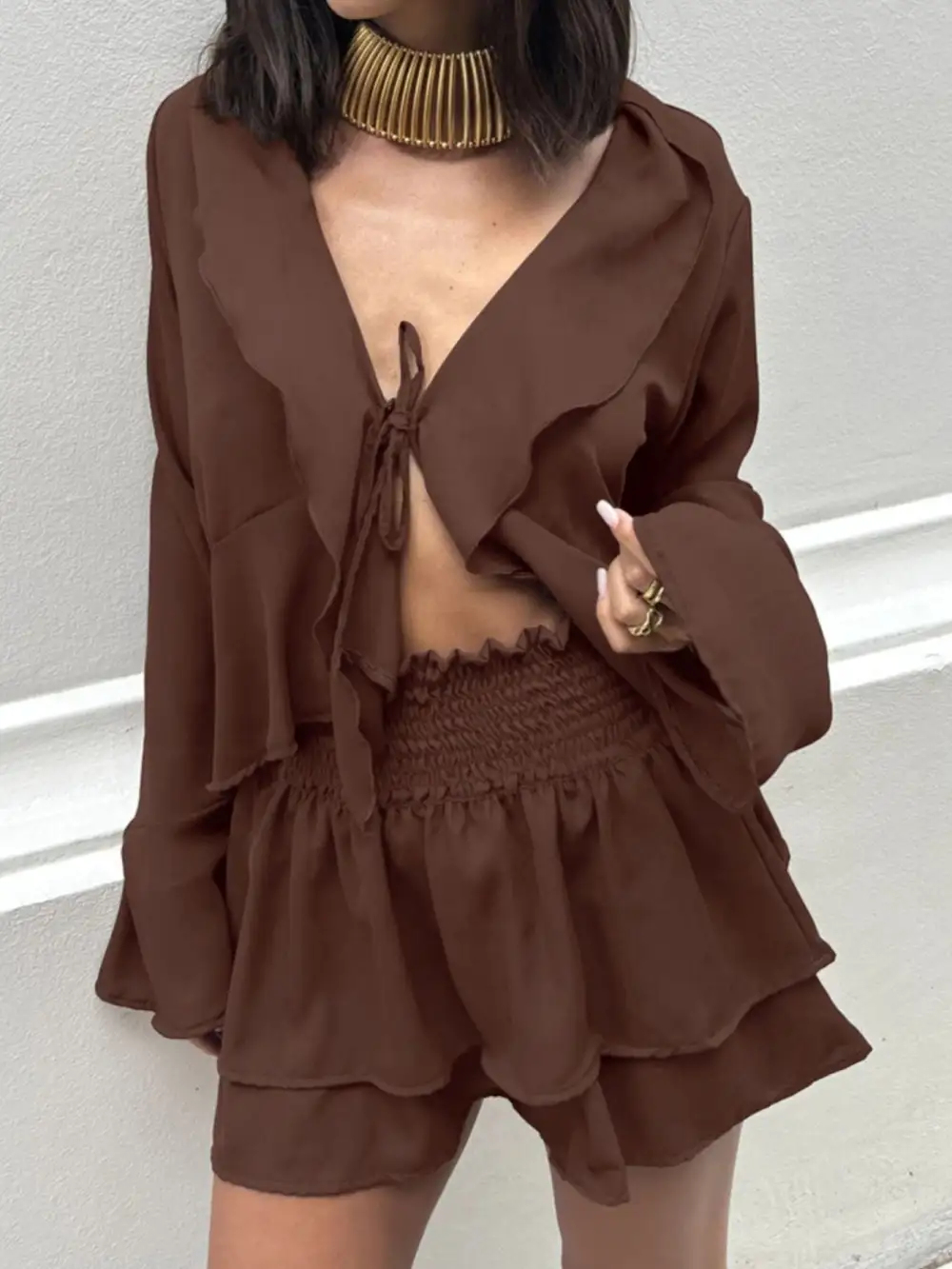 Simple Ruffle Trim Detail Coordinated Set