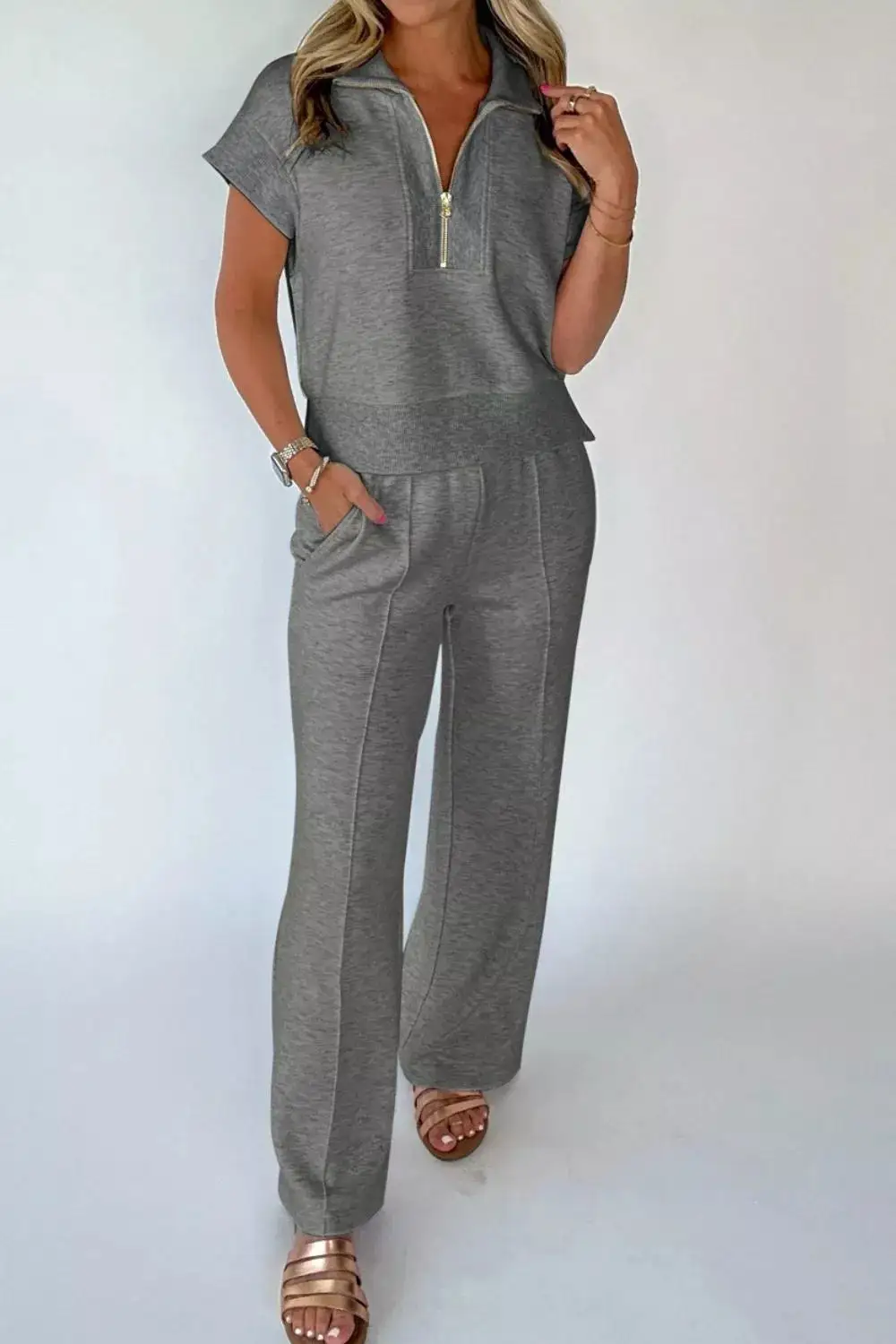 Half Zip Polo Tee Casual Pant Set