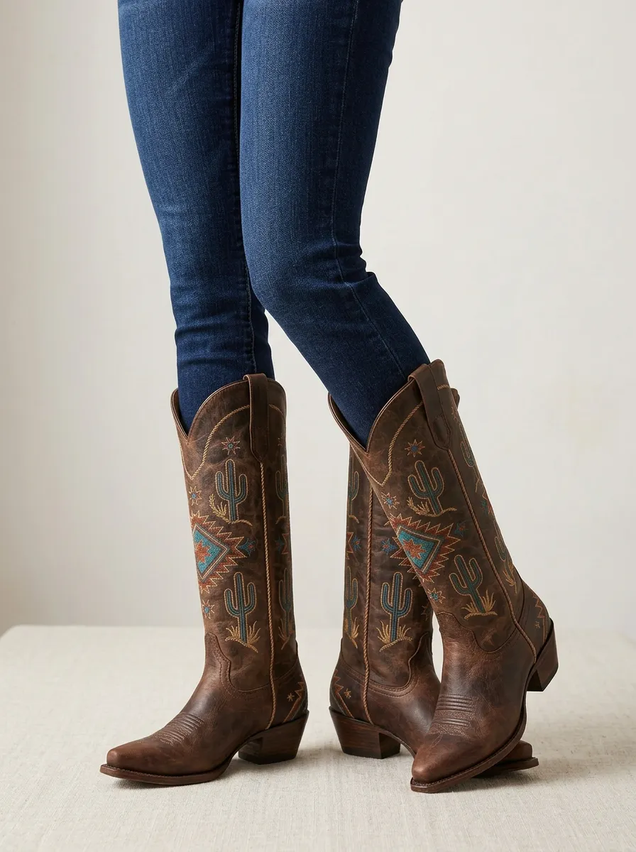 Women's Cactus Geometric Embroidered Piped Pointed-Toe Block-Heel Western Denim Over-the-Knee Boots