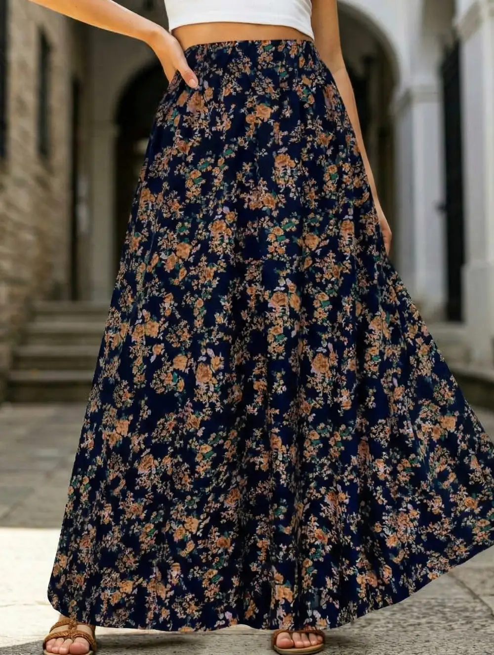 Printed Flare Midi Skirt