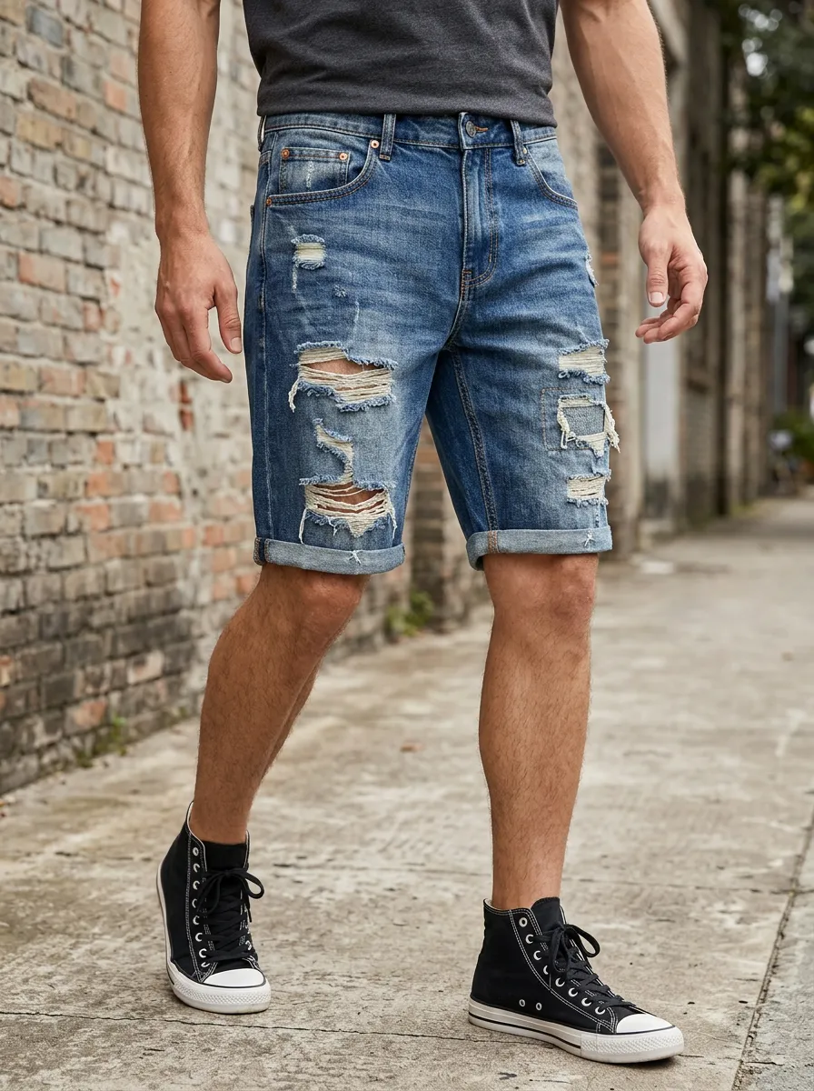 Men's Denim Ripped Denim Shorts with Five Pocket