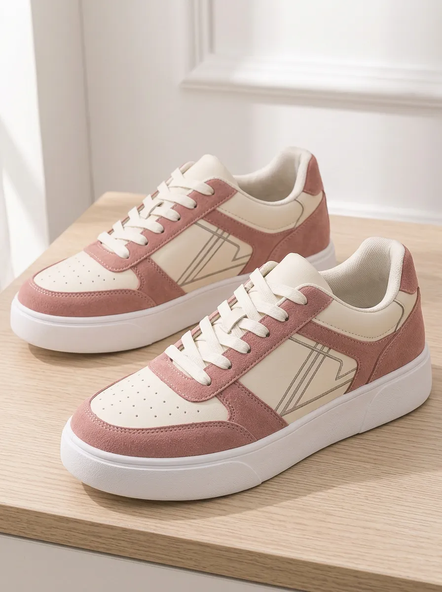 Women's Pink Beige Geometric Pattern Printed Sneakers