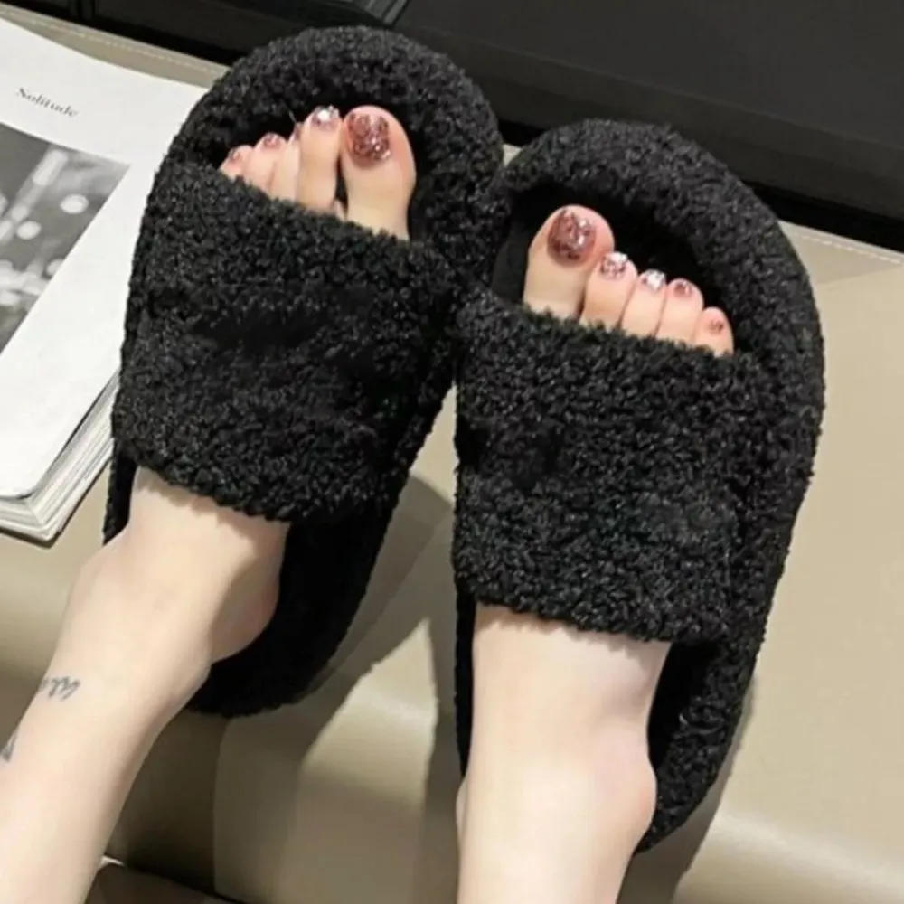 Fuzzy Plush Open Toe Slippers