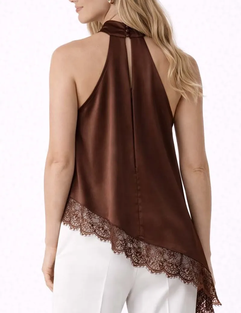 Satin Halter Neck Lace Irregular Hem Sleeveless Top