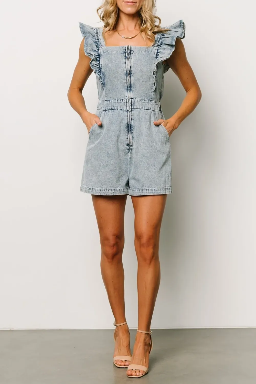 Retro Versatile High-Waisted Flared Sleeves Denim Jumpsuit