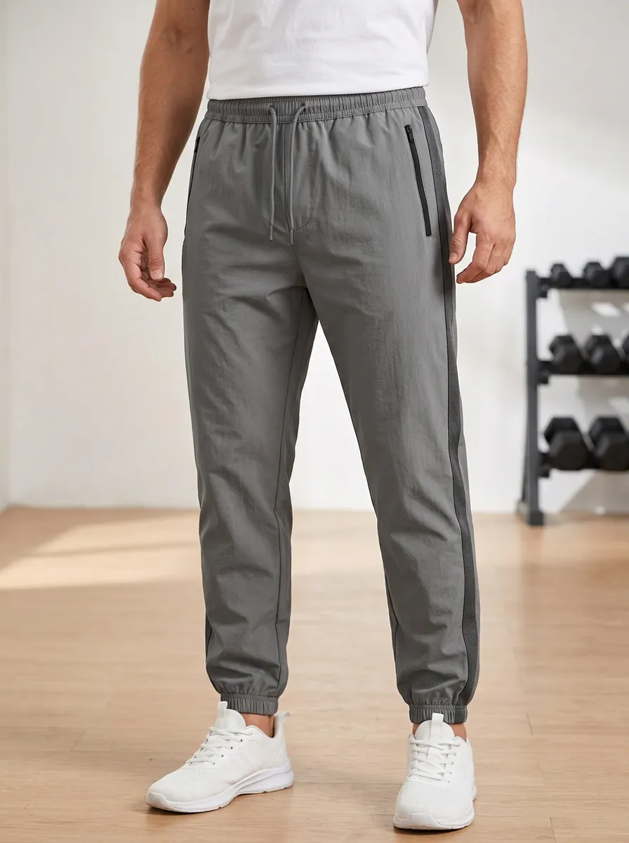 Men's Gym Fitness Grey Side-Stripe Zipper Pocket Jogger Pants