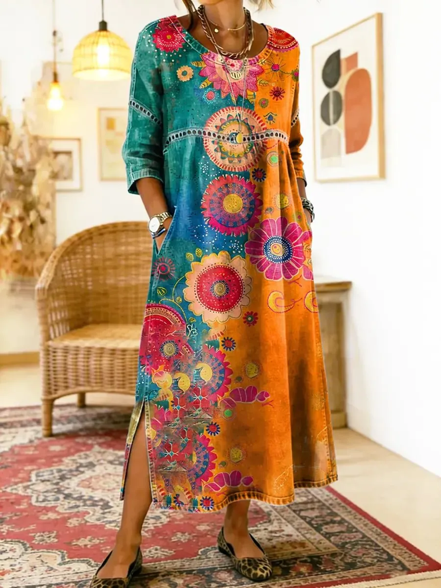 Vintage Ethnic Floral Print Artistic Print Round-neck Cutout Split Dress