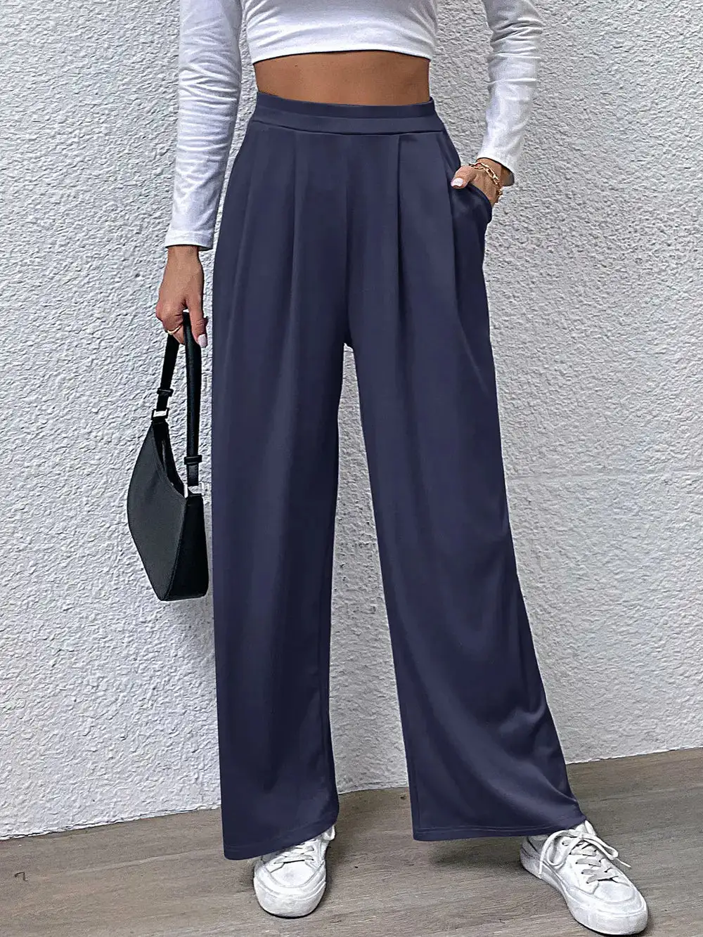Draped High Waist Straight Leg Pants