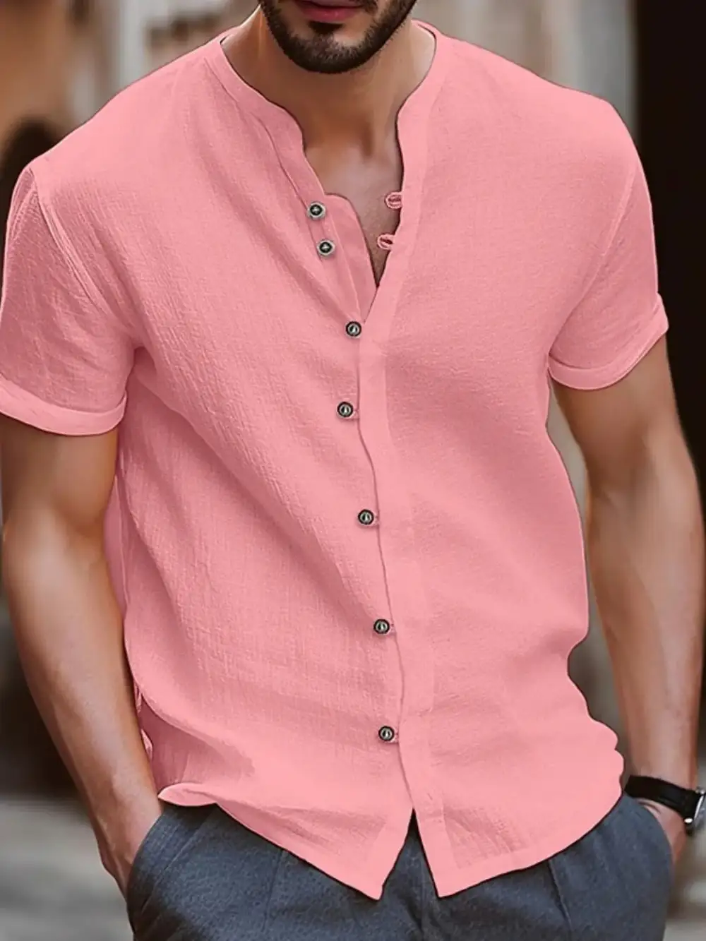 Clean-Lined Short-Sleeve Button-Up Shirt