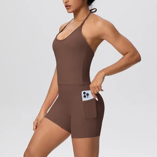 Halter-Neck Backless Top, Vest and Shorts Active Set