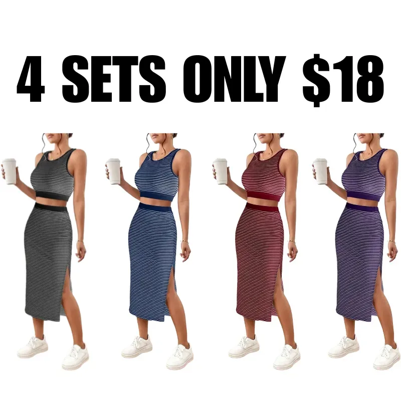 Women's Striped Print Crop Top & Skirt Two-Piece Set