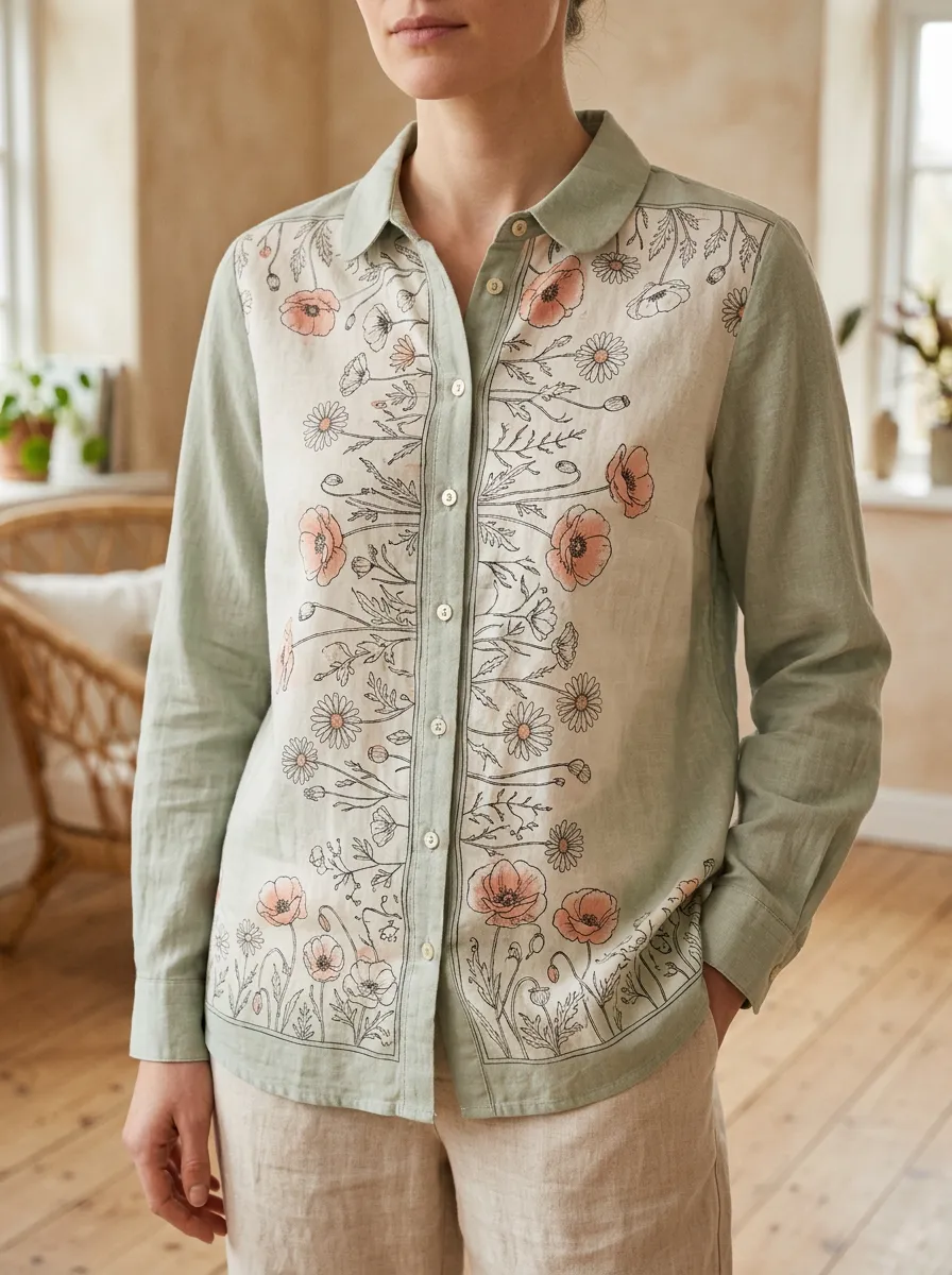 Women's Botanical Nature Lover Poppy Daisy Printed Shirt