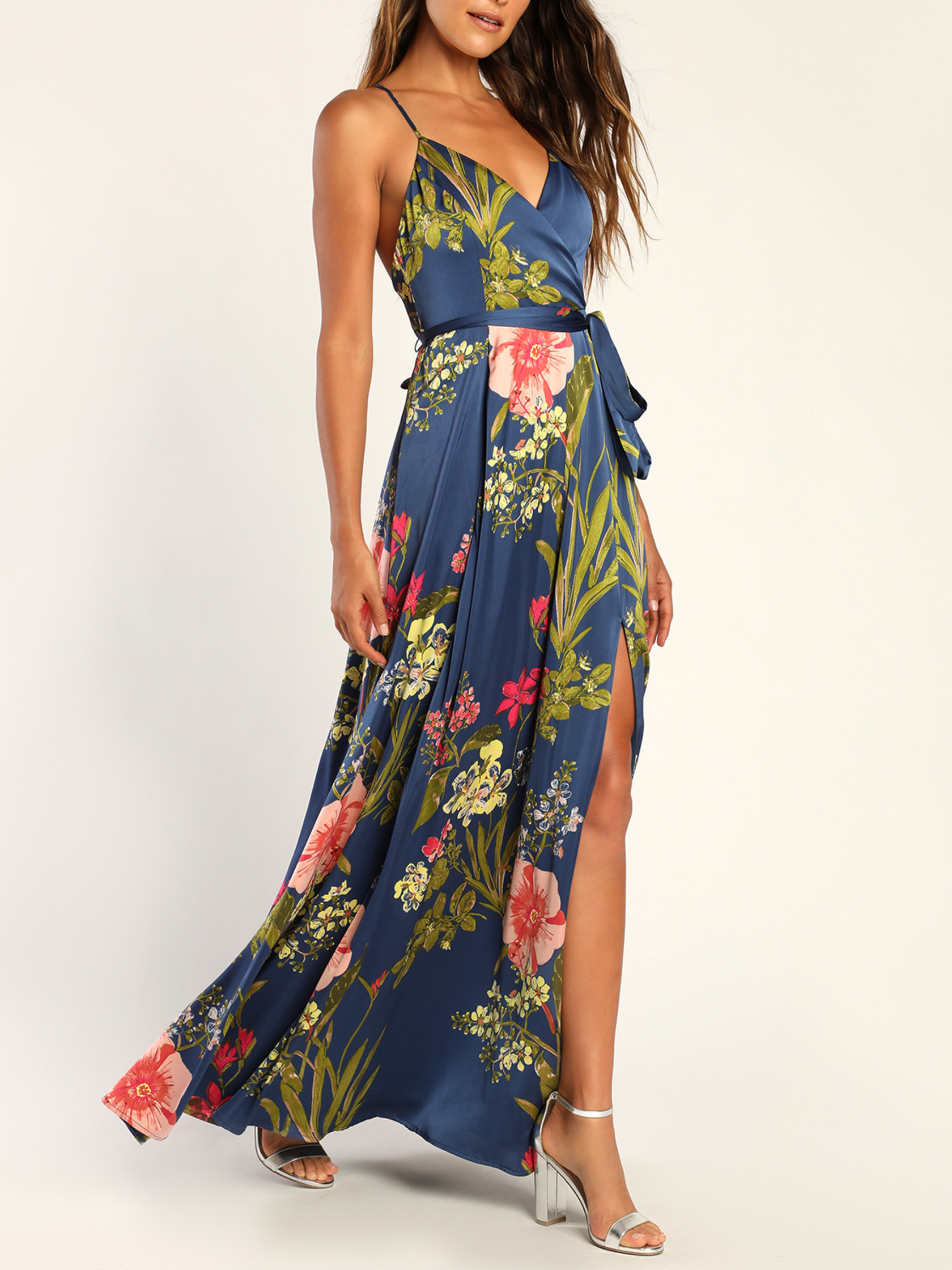 Red Floral Print Satin Maxi Dress