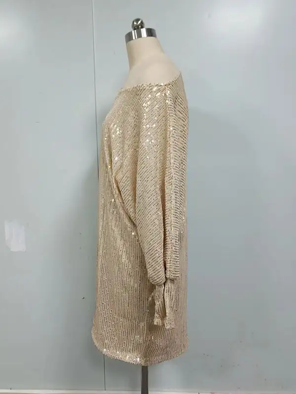 A Line Relaxed Asymmetric Sequined Solid Color One Shoulder Mini Dress